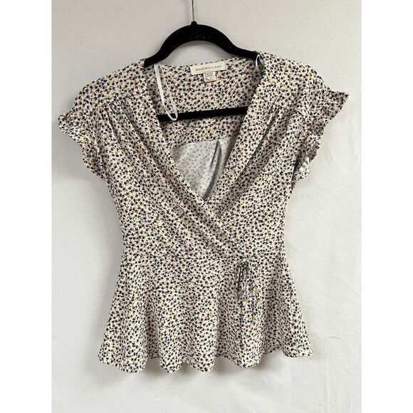 Monteau Los Angeles Womens Ruffle Sleeve Wrap Front Peplum Blouse Floral Small - Picture 1 of 8